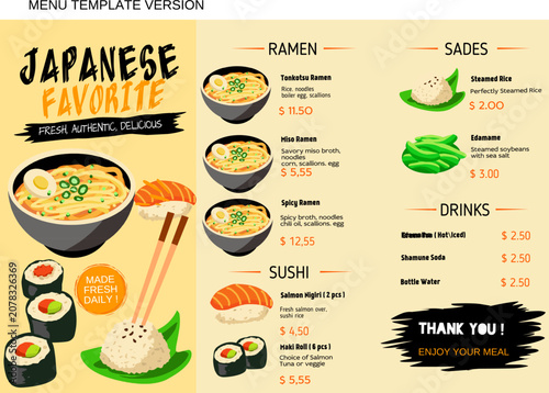 Japanese Restaurant Menu Template with Sushi Ramen and Side Dishes