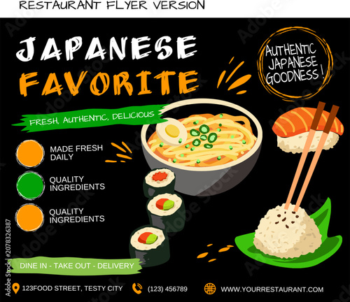 Japanese Restaurant Flyer Template with Ramen Sushi and Rice Illustration
