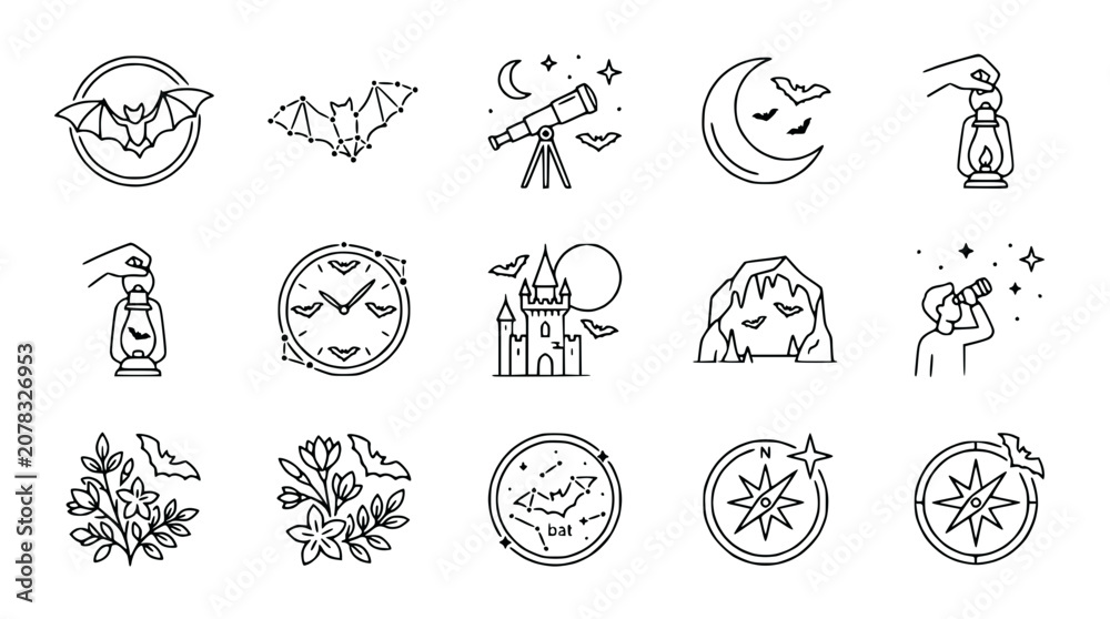 Fototapeta premium Halloween Icons Set: Bats, Moon, Castle, Telescope, Lantern, Compass, Stars