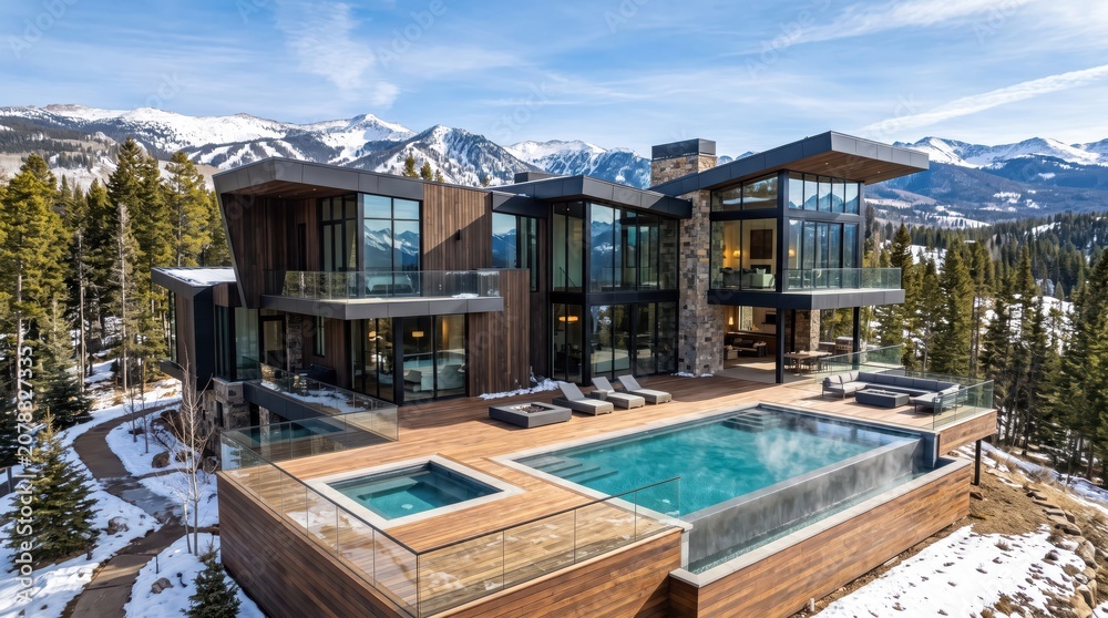 Fototapeta premium Large modern mountain lodge with pool deck in snow forest
