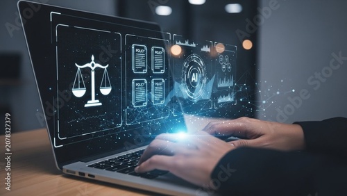 Digital Legal Technology Platform Featuring Virtual Scale Of Justice Interface For Modern Professional Law Services
