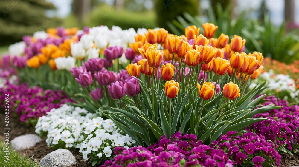 Obraz premium Spring garden with tulips and primroses in full bloom.
