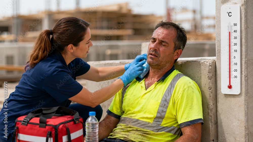 Obraz premium Construction worker receiving medical help for heat stroke on site. concept of workplace safety, extreme heat, emergency health care, occupational hazard management