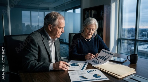 Senior Business Professionals Reviewing Financial Reports in Modern Office
