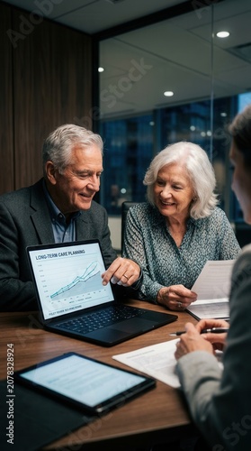 Senior Couple Discussing Financial Growth With Advisor In Modern Office