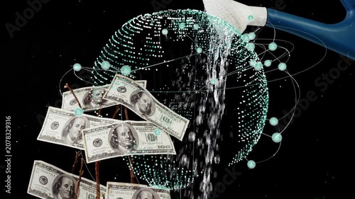 Blue nozzle entering top-right, pouring water at money tree, activating globe nodes, wetting bills