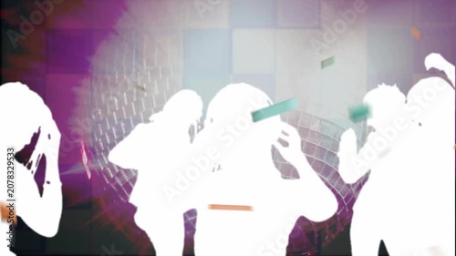 Beat starting, white silhouettes dancing on disco tiles, central adjusting headphones, celebrating