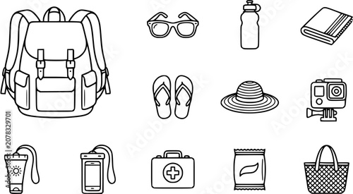 Black and White Line Art Icons for Travel and Summer Vacation: Backpack, Sunglasses, Flip-flops, Hat, Camera, First Aid Kit, Bag, Sunscreen, Phone Case, Water Bottle, Towel, Snacks
