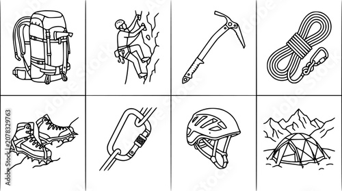 Foto Black and White Line Art Set of Climbing and Mountaineering Equipment and Gear for Outdoor Adventure Sports