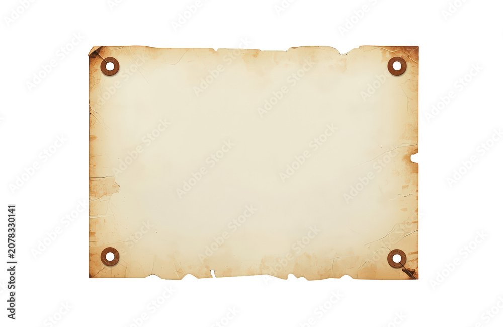 Fototapeta premium Vintage paper sign or blank parchment scroll with aged texture and torn edges, pinned on transparent background