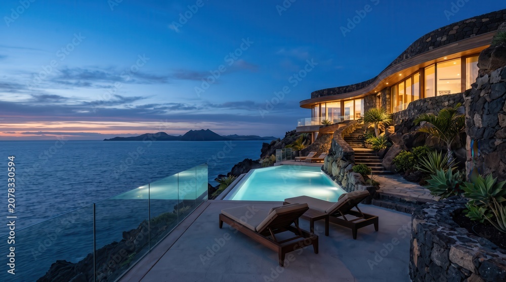 Fototapeta premium Modern cliffside villa with infinity pool at dusk
