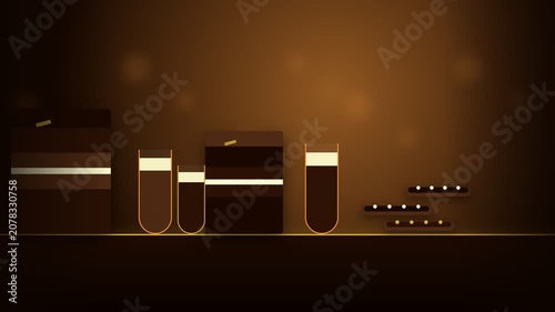 Abstract Digital Animation of Glowing Test Tubes and Data Particles in Dark Laboratory Environment.