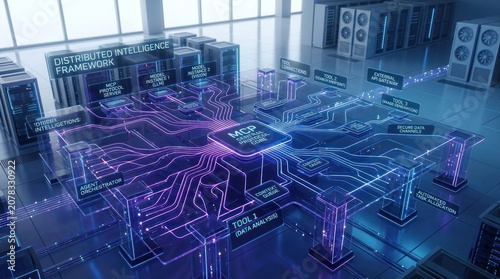 Distributed intelligence framework with central mcp protocol core interconnected data nodes, for advanced artificial intelligence, neural networks digital transformation