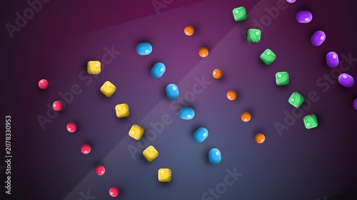 Colorful Candy Pieces Arranged in Geometric Rows on a Gradient Purple Background.