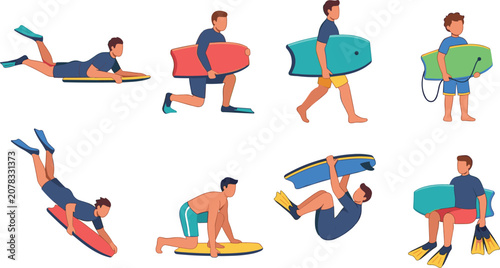 Bild auf Leinwand Bodyboarding and Surfboard Carrying Vector Set with Water Sports Illustrations