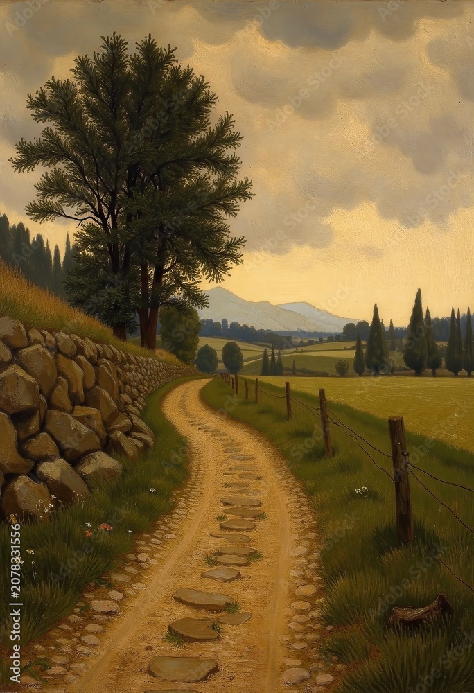 Obraz premium Serene Rural Landscape with Dirt Path, Stone Wall, Tree, and Rolling Fields