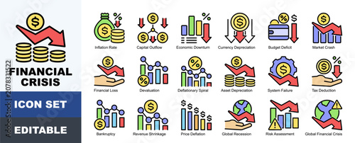 Foto Financial Crisis Icon Pack Featuring Inflation Rate, Capital Outflow, Economic D
