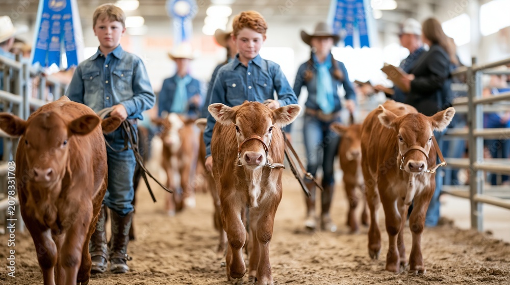 Obraz premium Teen ranchers in crisp denim shirts and polished boots lead haltered show calves through a bright livestock arena, with a sawdust floor, metal rail fencing, champion ribbons, and clipboard judges in