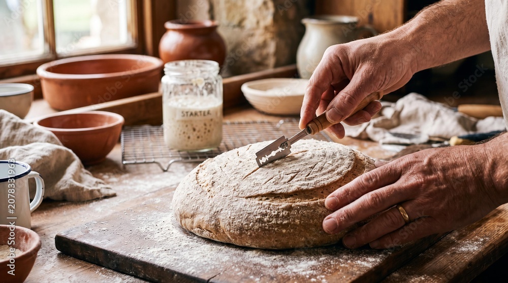 Fototapeta premium Baker hands scoring sourdough bread dough with a lame in a rustic kitchen