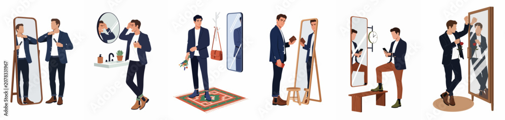 Fototapeta premium Set of illustrations showing a stylish man grooming, dressing up, and preparing for a date in front of a mirror.