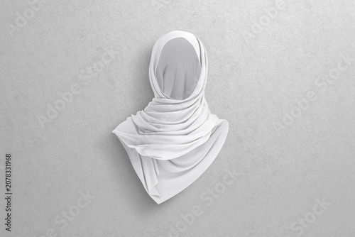 Blank white female hijab mockup, grey surface background, 3d rendering. Empty head wear for muslim woman mock up, front view. Clear traditional cotton headscarf for face privacy template.