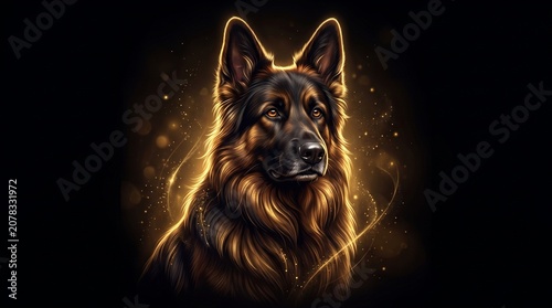 German Shepherd Dog Portrait with Glowing Effect.