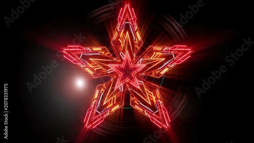 Abstract glowing neon red star symbol with electric lines and futuristic light effects creating vivid digital background for entertainment celebration technology and modern graphic design concepts