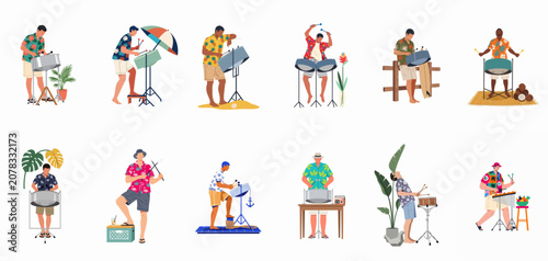 Photos Collection of diverse men playing steel pan drums in colorful tropical shirts, isolated on white background for summer vacation and Caribbean music themes