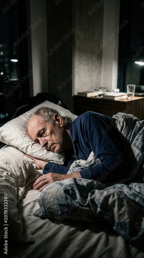 Fototapeta premium Senior Man Sleeping Restfully In Bed At Nighttime With City Lights