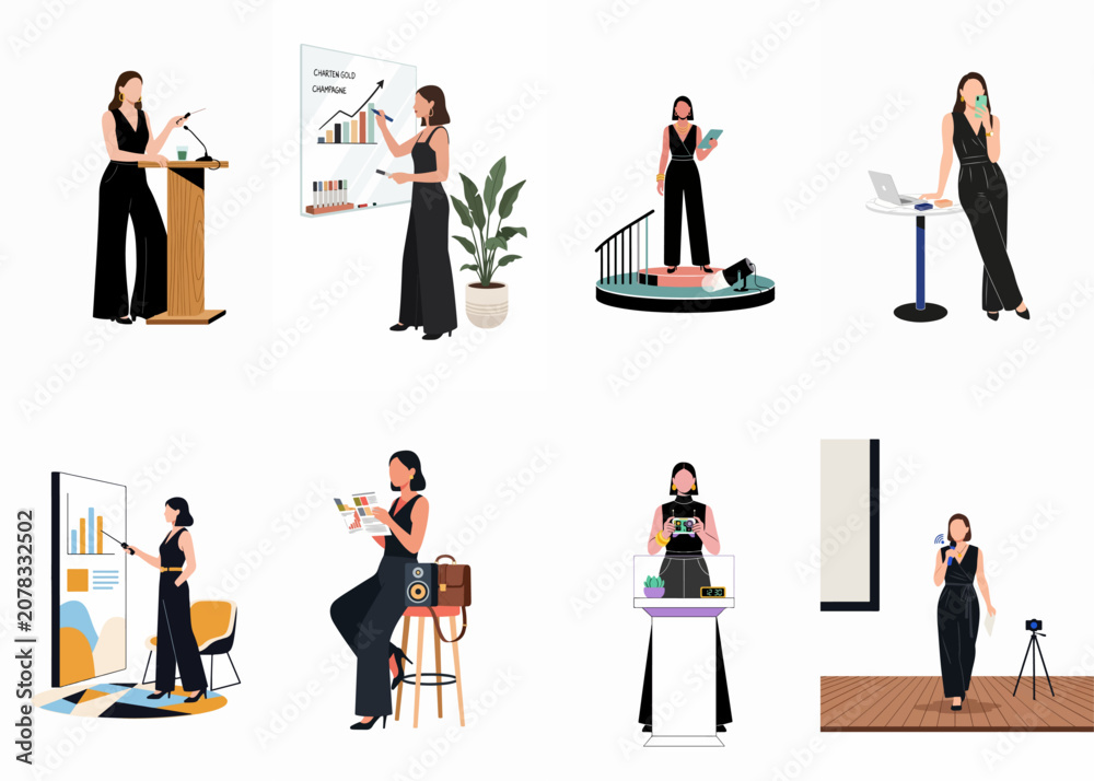 Fototapeta premium Collection of flat illustrations depicting a professional woman in various business roles including public speaker, presenter, and entrepreneur in a modern office setting.