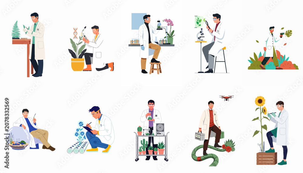 Fototapeta premium Collection of male botanists and scientists conducting experiments, research, and data collection on various plants in laboratory and outdoor environments.