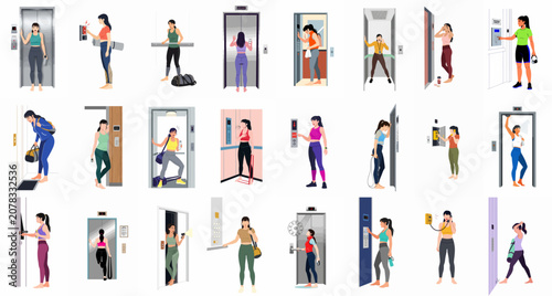 Billede på lærred Flat vector illustration set of women in athletic wear experiencing elevator malfunctions, stress, and anxiety-inducing situations after a workout or at the gym