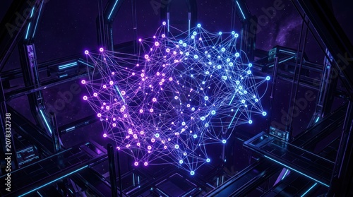 Glowing purple blue digital network connection floating in futuristic sci-fi corridor, for global communication, advanced artificial intelligence complex data processing