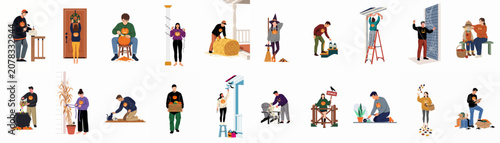 Tableau sur toile Diverse collection of people preparing for Halloween by decorating homes, carving pumpkins, setting up spooky displays and festive outdoor arrangements
