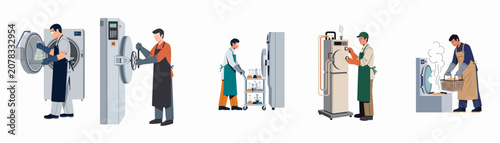Tableau sur toile Set of male laboratory workers operating industrial autoclave machines for steam sterilization of glassware and equipment in flat vector style