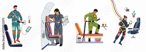Foto Set of flat vector illustrations featuring diverse people in flight suits performing safety checks and pre-flight preparations in an aircraft or spacecraft cabin