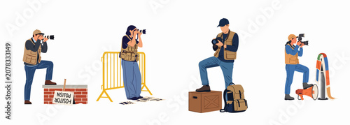Obraz na płótnie Set of professional photojournalists and press photographers in action, capturing news events with their cameras in various settings and poses