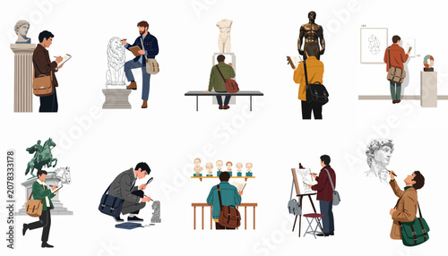 Fotografie Set of illustrations showing artists and students sketching classical sculptures and artwork in a museum or gallery environment