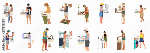 Flat illustration collection of diverse people washing dishes, drying plates, and performing kitchen chores in various casual indoor and outdoor settings.