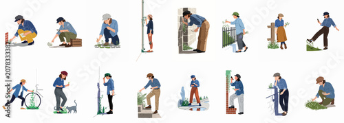 Konstfotografi Set of Illustrations Showing People Observing and Studying Urban Wildflowers and