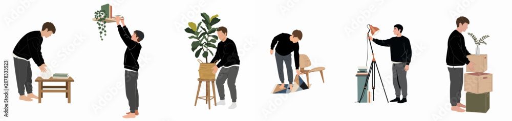 Fototapeta premium Set of Illustrations Showing a Young Man Decorating and Organizing a New Home with Plants, Furniture, and Storage Boxes.