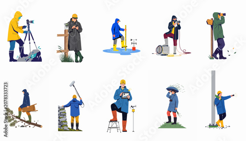 Foto Collection of various outdoor professionals and researchers in rain gear performing tasks like photography, measurement, and observation in different weather conditions