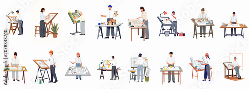 Φωτογραφία Set of diverse professional architects and engineers working on architectural blueprints and construction project designs at drafting tables on a white background