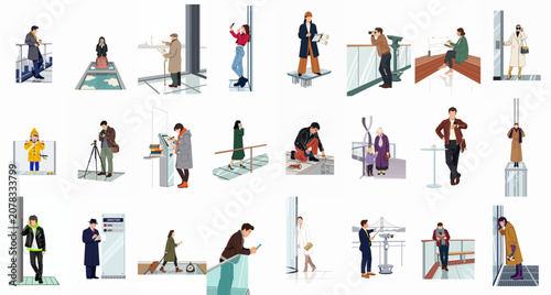 Foto Collection of flat vector illustrations of people at an observation deck, viewpoint, or city landmark, engaging in various tourism, photography, and travel activities