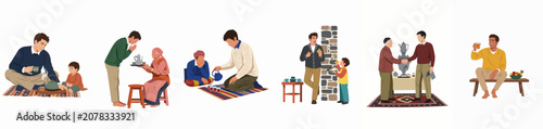 Photos Diverse set of illustrations showcasing cultural tea traditions, hospitality, and social interactions between men and children in traditional settings