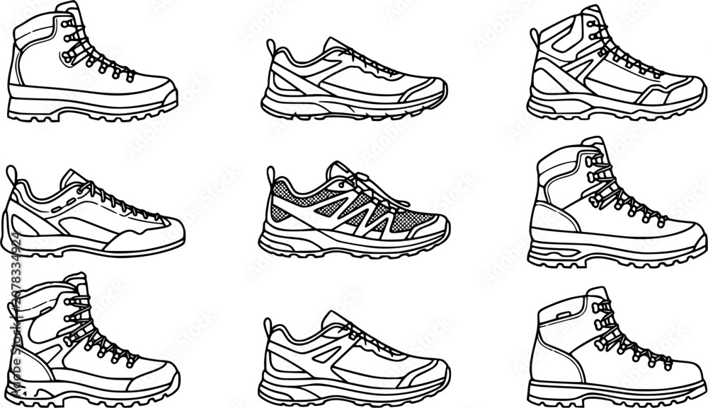 Obraz premium Outdoor Footwear Black and White Line Art Vector Set: Hiking Boots, Trail Shoes, and Sneakers Icons for Sports, Adventure, and Recreation.