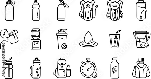 Obraz na plátne Hydration and Water Bottle Line Art Icons Set for Health, Fitness, Sports  Lifestyle