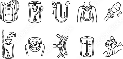 Photography Outdoor Adventure Hydration System Black and White Line Art Icons Set: Water Bladders, Backpacks, Drinking Tubes, and Hiker Gear for Sports and Camping