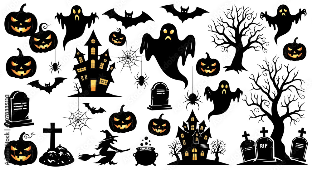 Obraz premium Halloween Illustration with Pumpkins Ghosts and Bats.