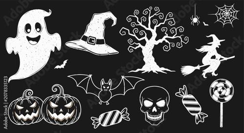 Cuadro en lienzo Halloween Symbol Illustrations Ghost Witch Hat Tree Bat Pumpkin Skull Candy Spider Web